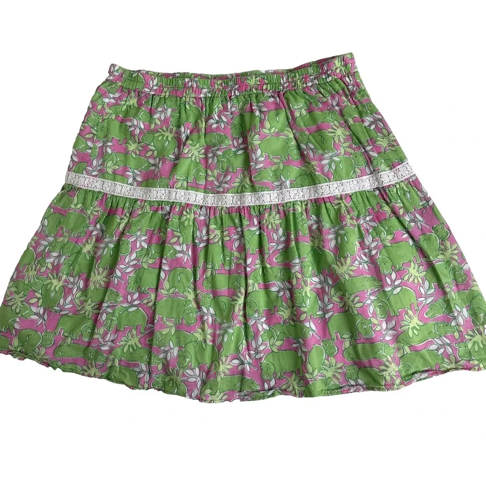 Vintage Lilly Pulitzer Skirt Girl 16 Elastic Waist Green Hippo Tropical Preppy